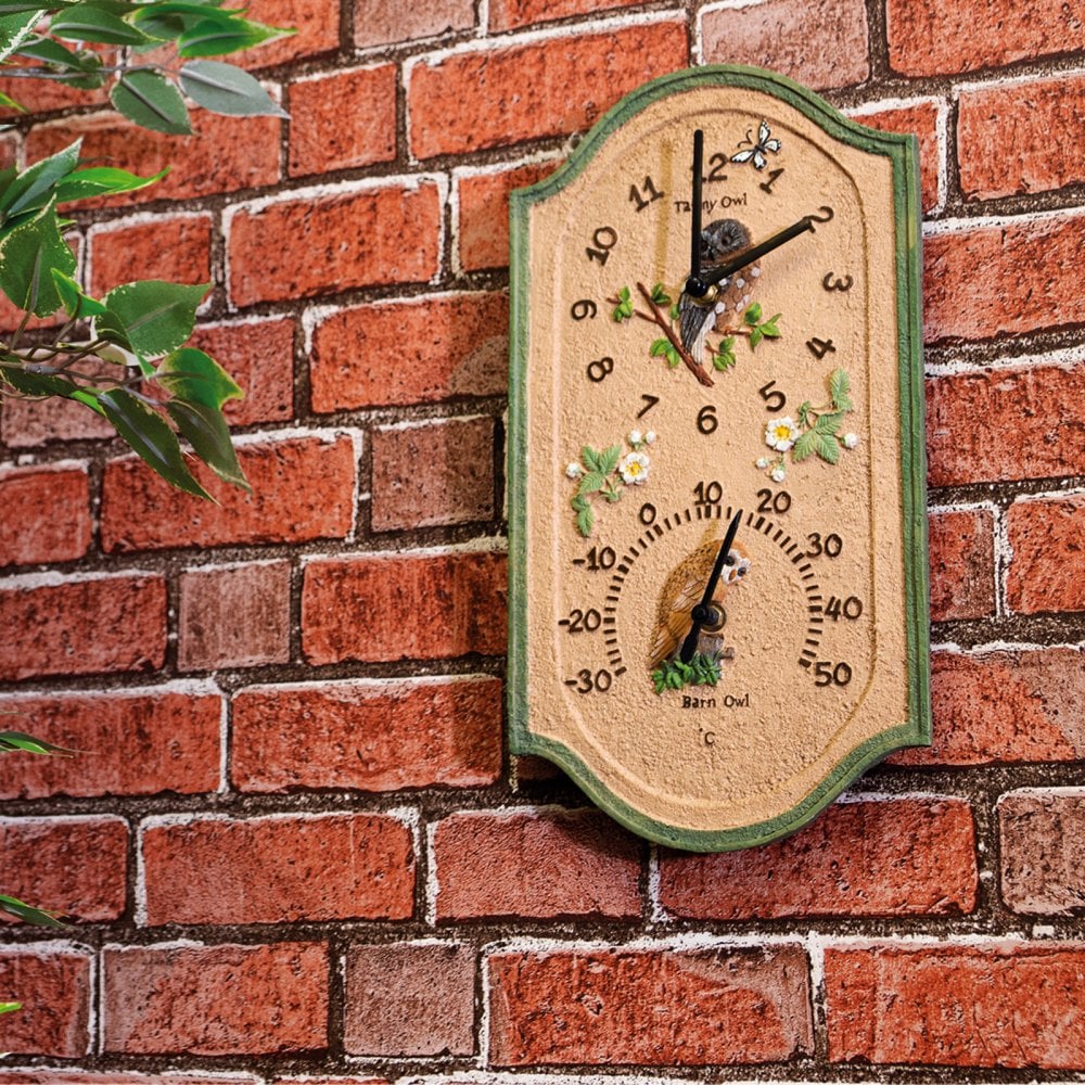 Garden Outdoor Owl Design Clock and Thermometer