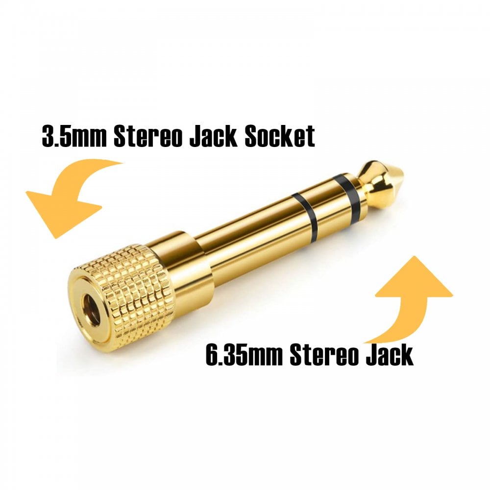 Gold 6.35mm Stereo Jack Plug to 3.5mm Stereo Jack Socket Adaptor