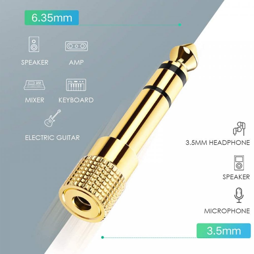 Gold 6.35mm Stereo Jack Plug to 3.5mm Stereo Jack Socket Adaptor