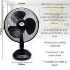 12" 30cm Desk Fan 3 Speed Settings Black