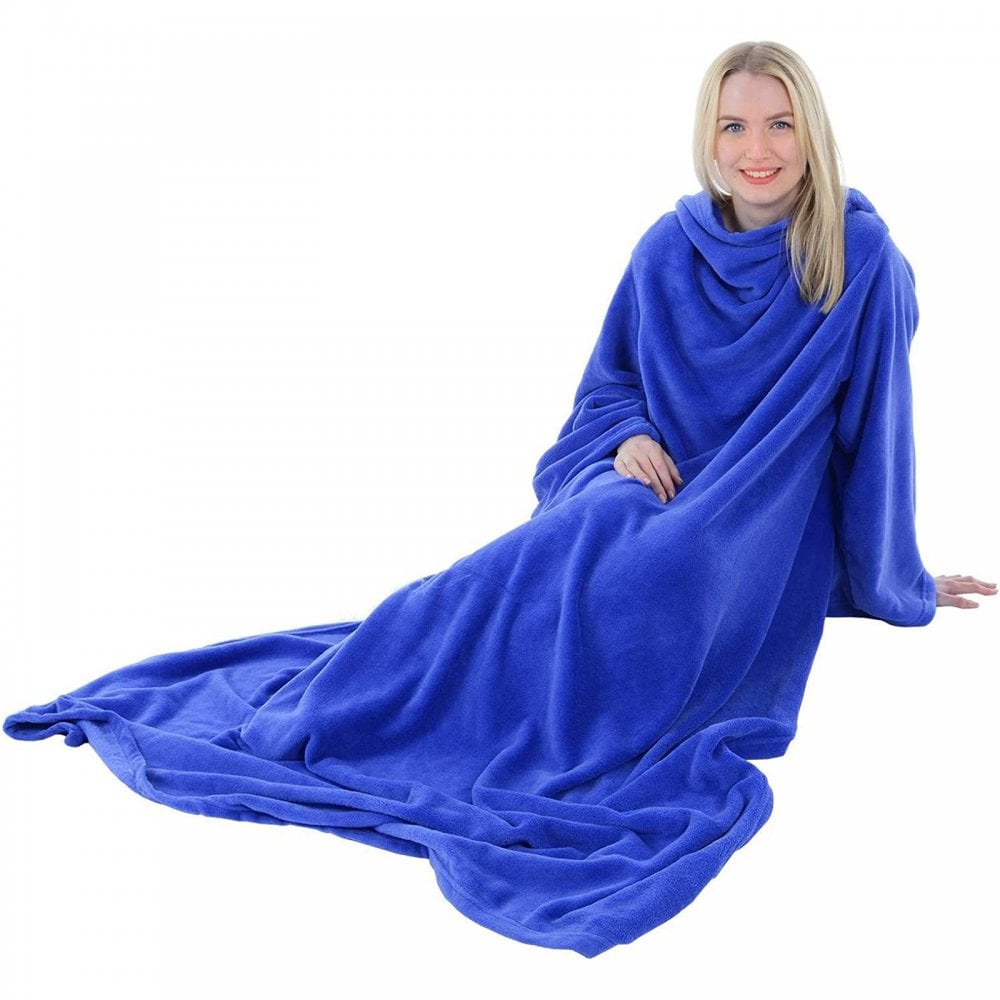 Lightweight Blue Fleece Blanket with Sleeves