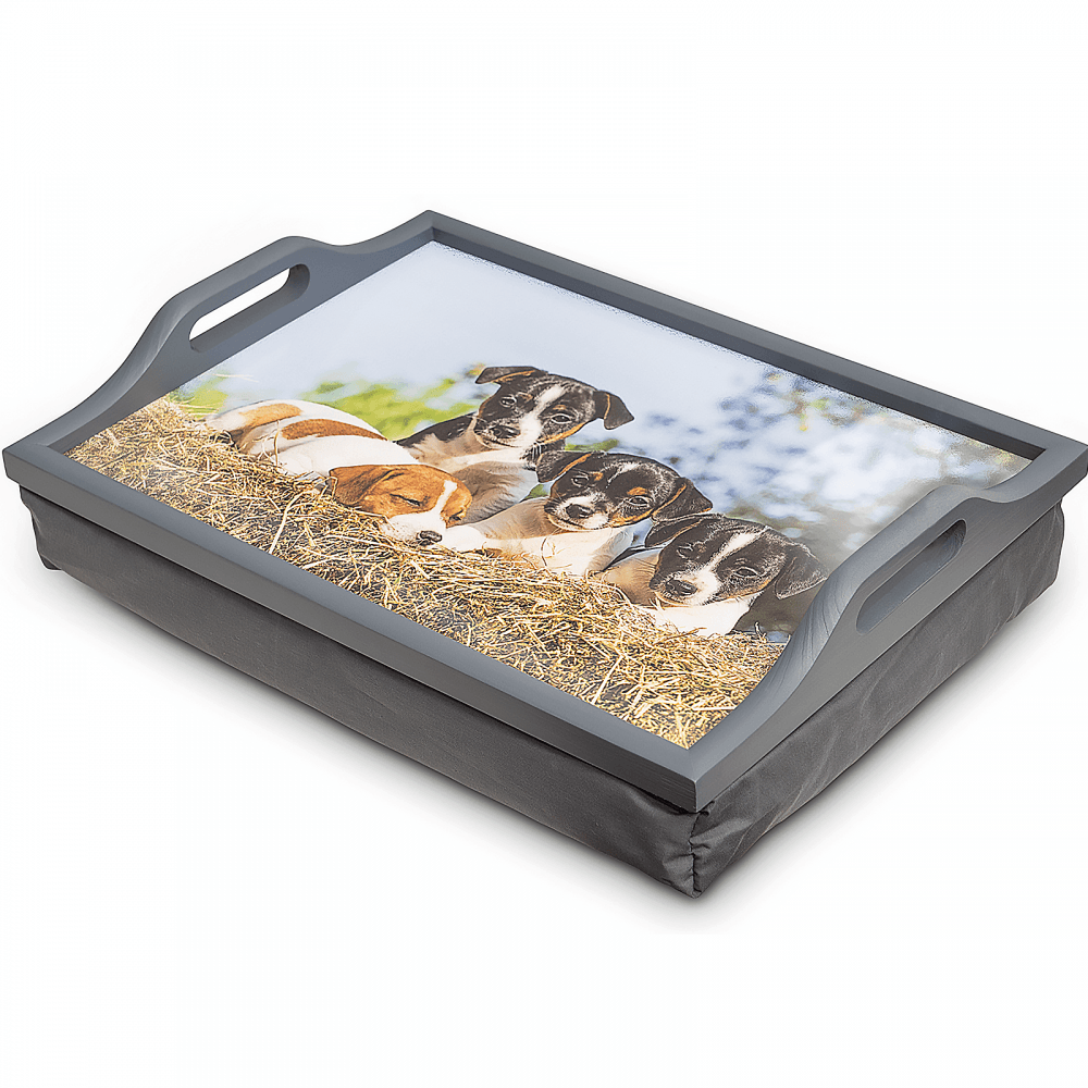 Wooden Lap Tray Grey with Cushion with Puppies