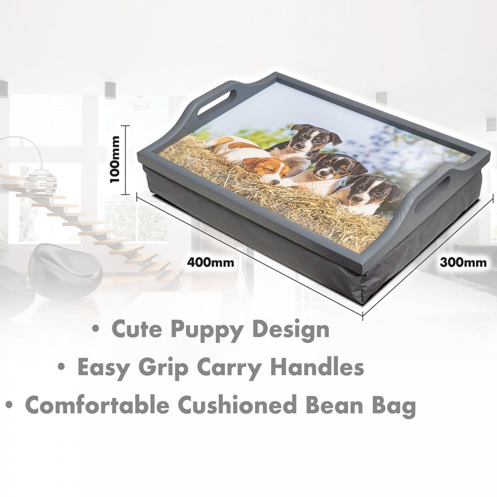 Wooden Lap Tray Grey with Cushion with Puppies