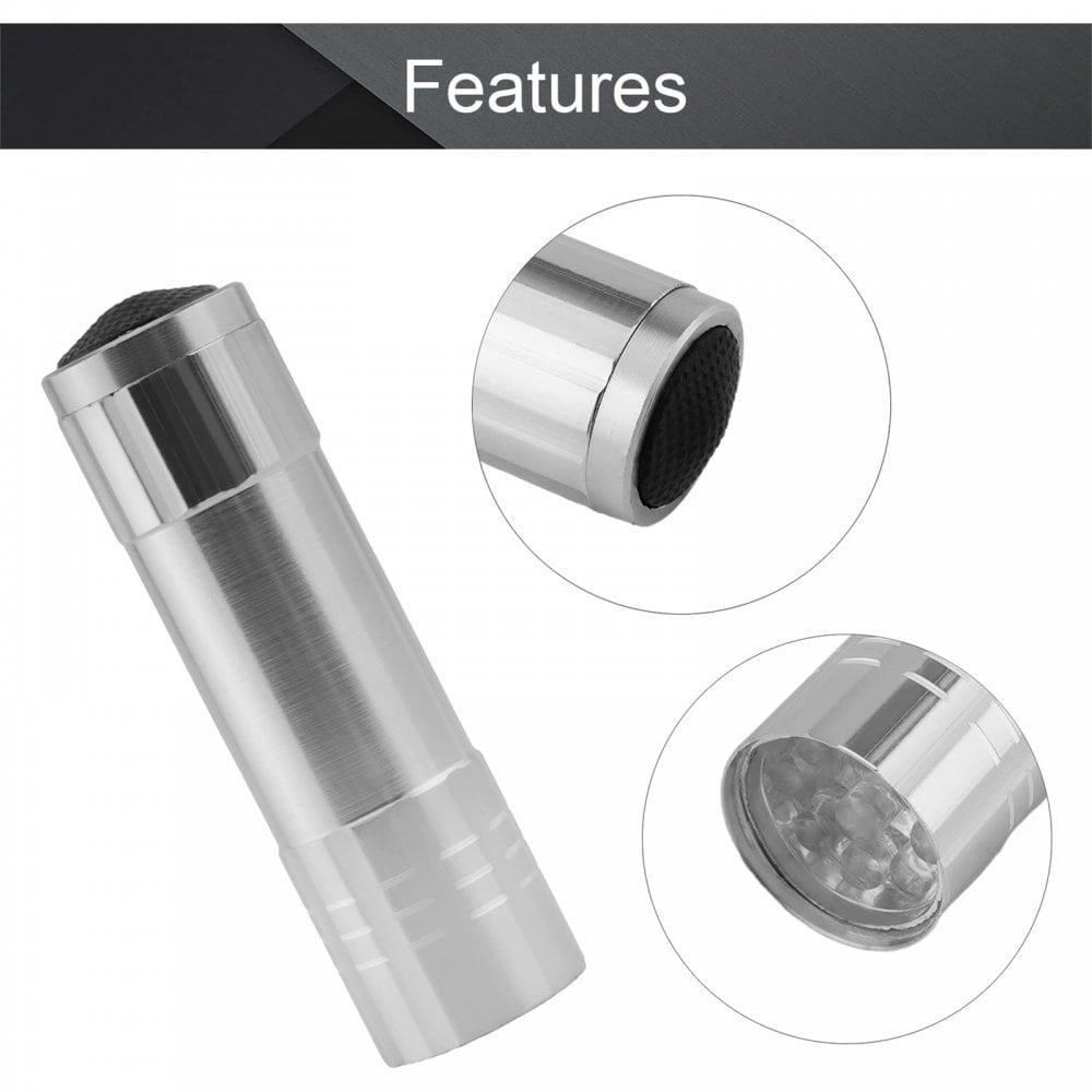9 ultra-bright white LEDs Silver Metal Torch LED
