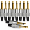 10pc 6.35mm Gold Plated Mono Jack Plug Metal Body Connector