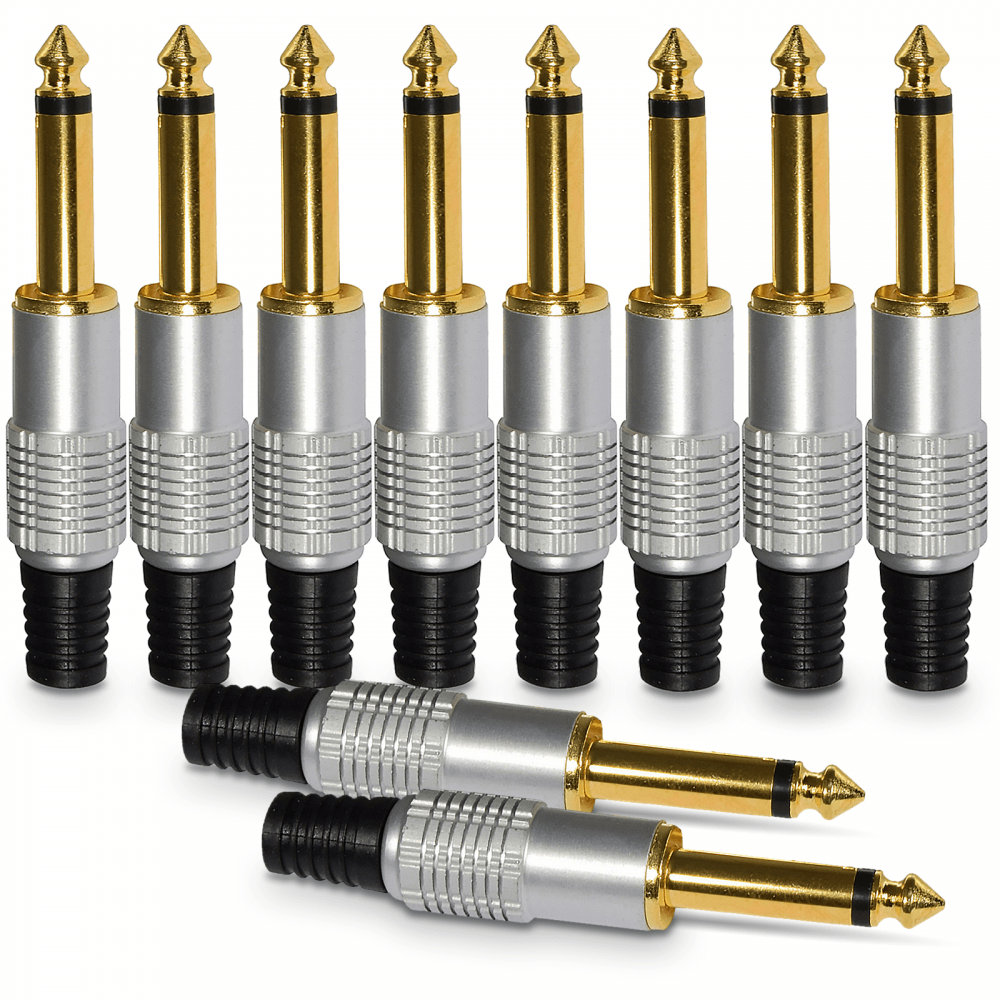 10pc 6.35mm Gold Plated Mono Jack Plug Metal Body Connector
