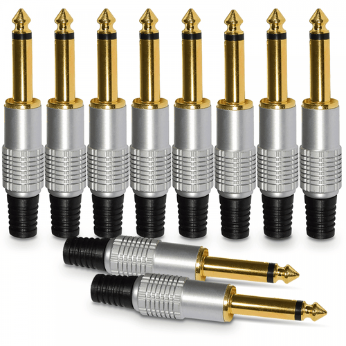 10pc 6.35mm Gold Plated Mono Jack Plug Metal Body Connector