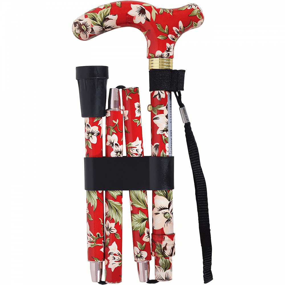 High Quality Folding & Extendable Patterned Walking Stick - Floral Rouge