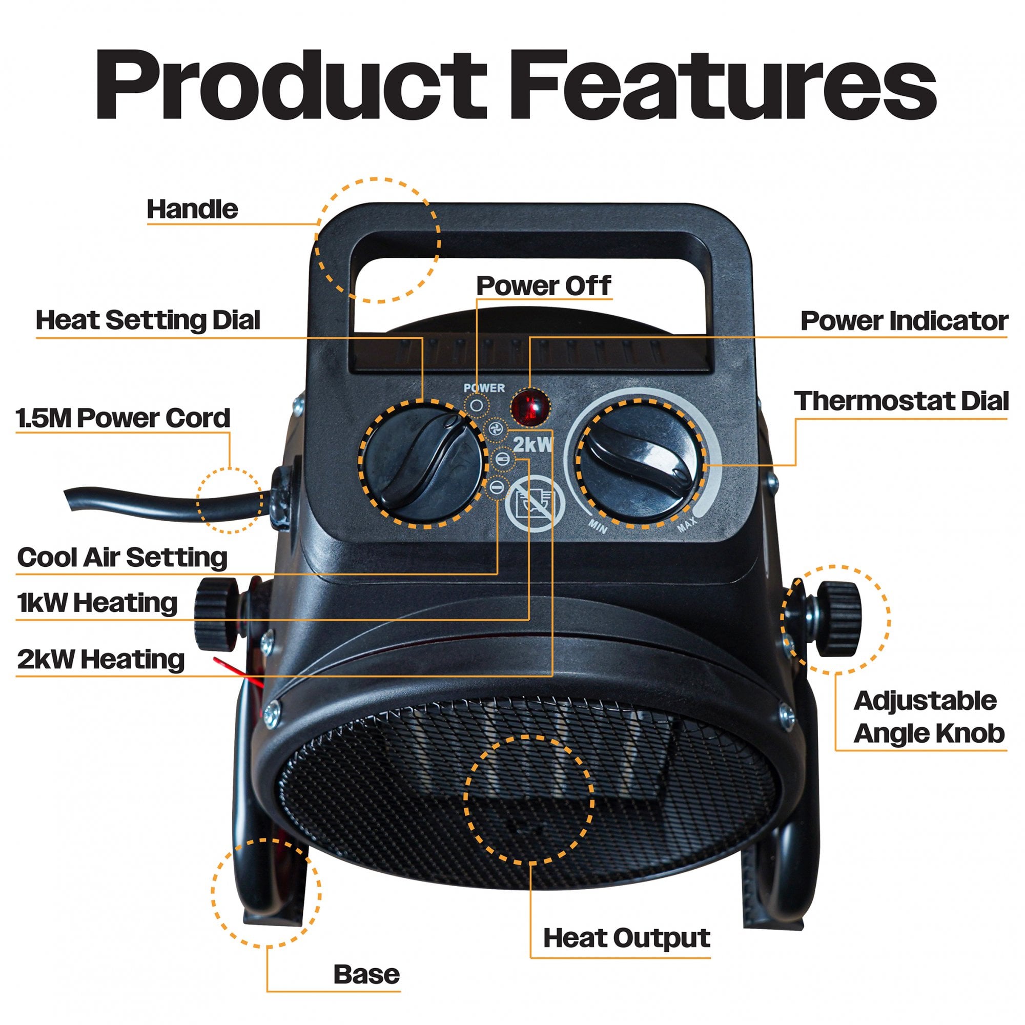 2kW Utility PTC Electrical Fan Heater With 2 Heat Settings