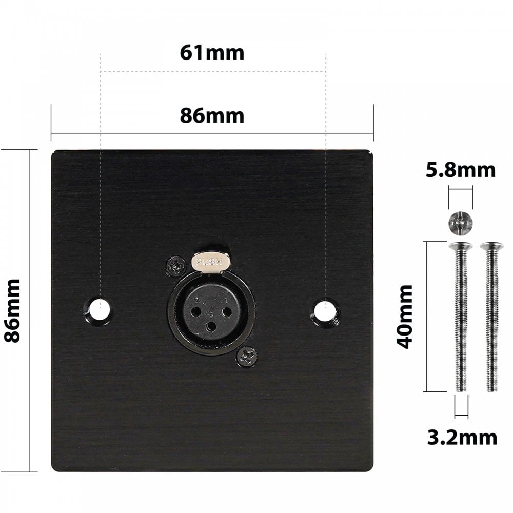 Black Metal Wall Plate 1 Female 3 Pin XLR