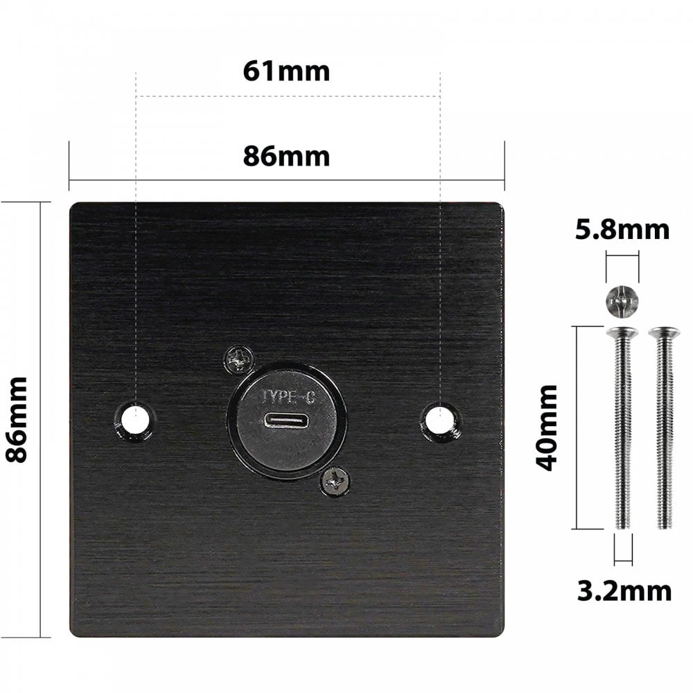 Black Metal Wall Plate 1 USB C Socket