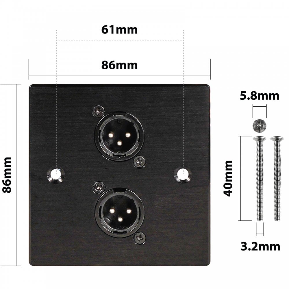 Black Metal Wall Plate 2 Male 3 Pin XLR
