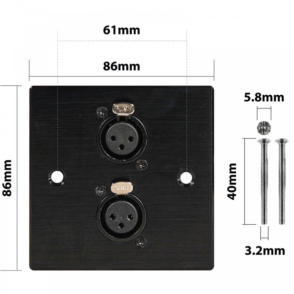 Black Metal Wall Plate 2 Female 3 Pin XLR
