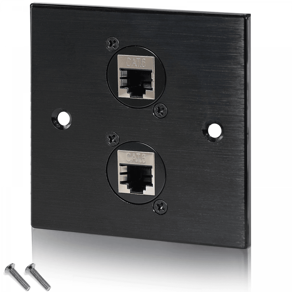 Black Metal Wall Plate 2 CAT 6 RJ45 Socket