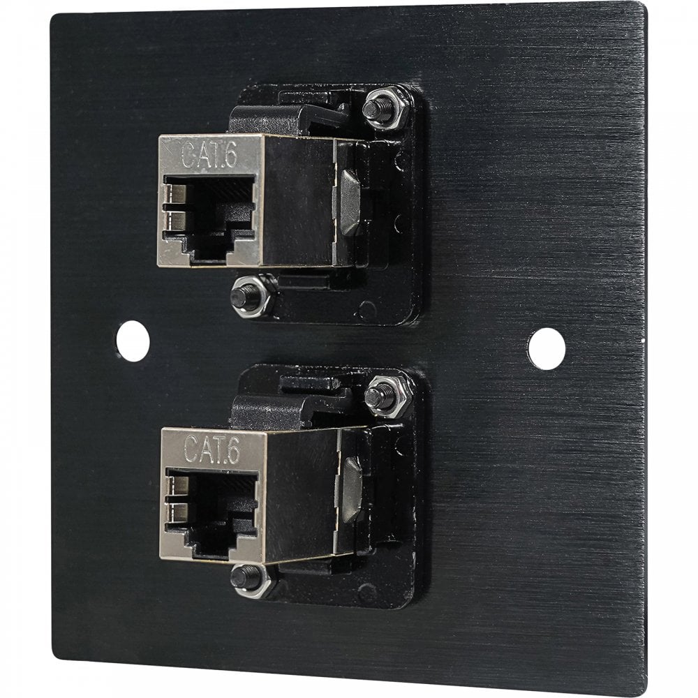 Black Metal Wall Plate 2 CAT 6 RJ45 Socket