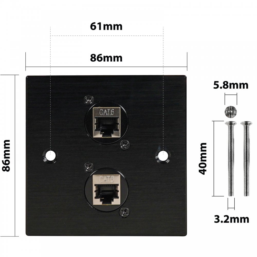 Black Metal Wall Plate 2 CAT 6 RJ45 Socket
