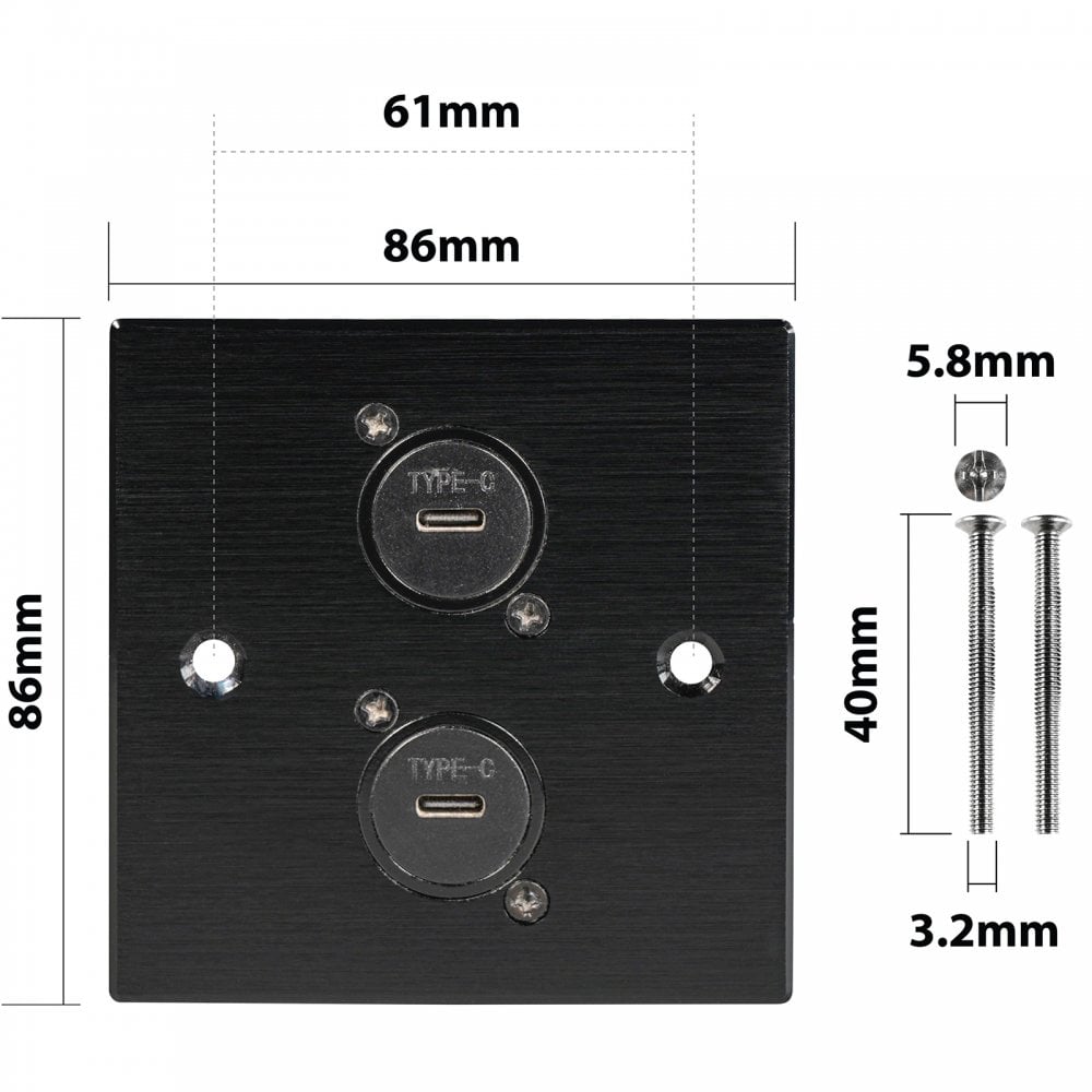 Black Metal Wall Plate 2 USB C Socket