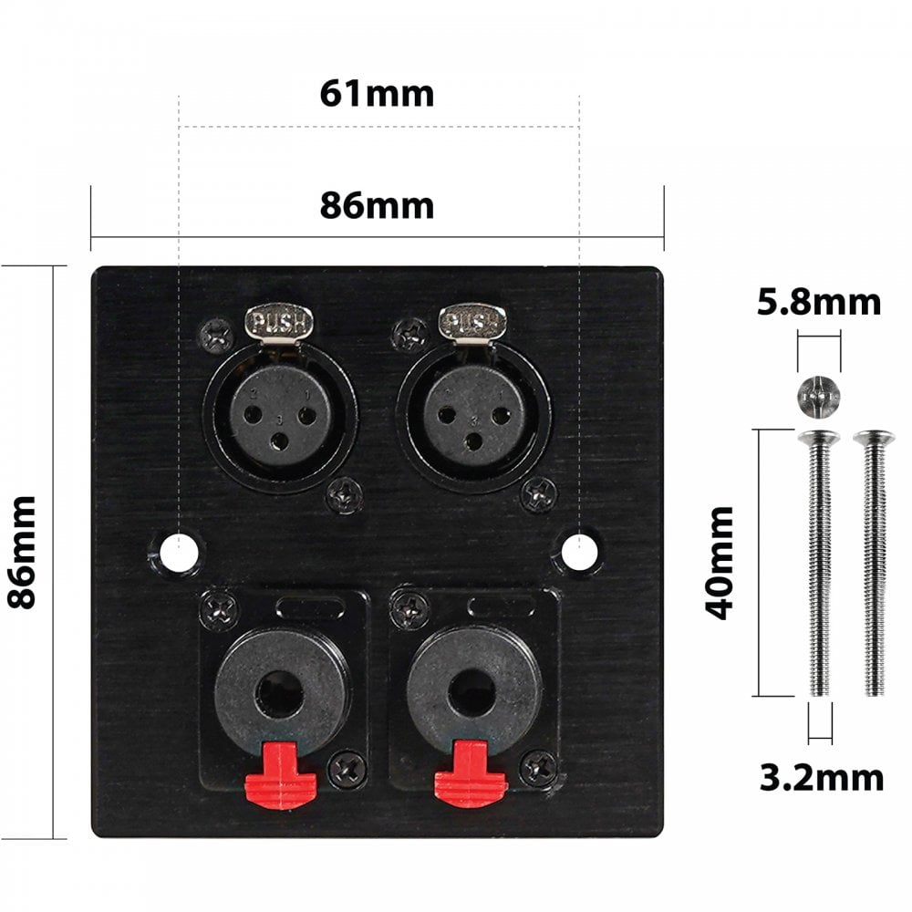 Black Metal Wall Plate Twin Jack and XLR Female Sockets