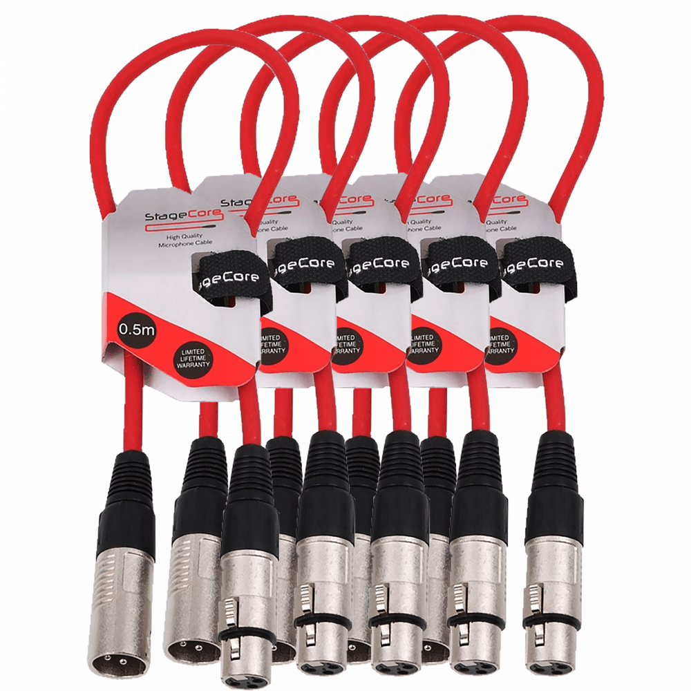 Pack of 5 Red 3 Pin XLR Line Female Socket to Male Plug Patch Lead 0.5M