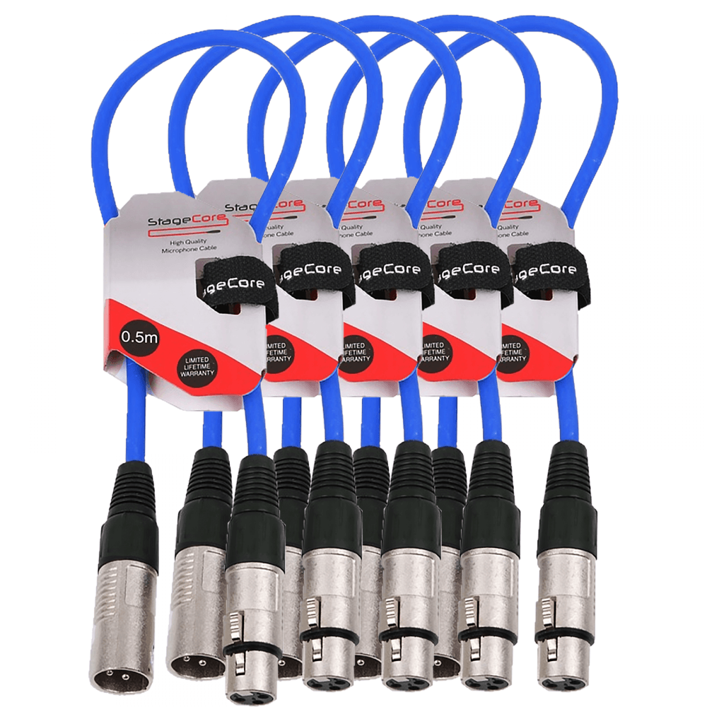 Pack of 5 Blue 3 Pin XLR Line Female Socket to Male Plug Patch Lead 0.5M
