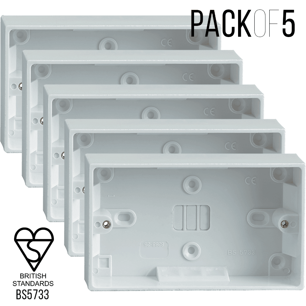 Set of 5 Back Boxes 2 Gang White 30mm