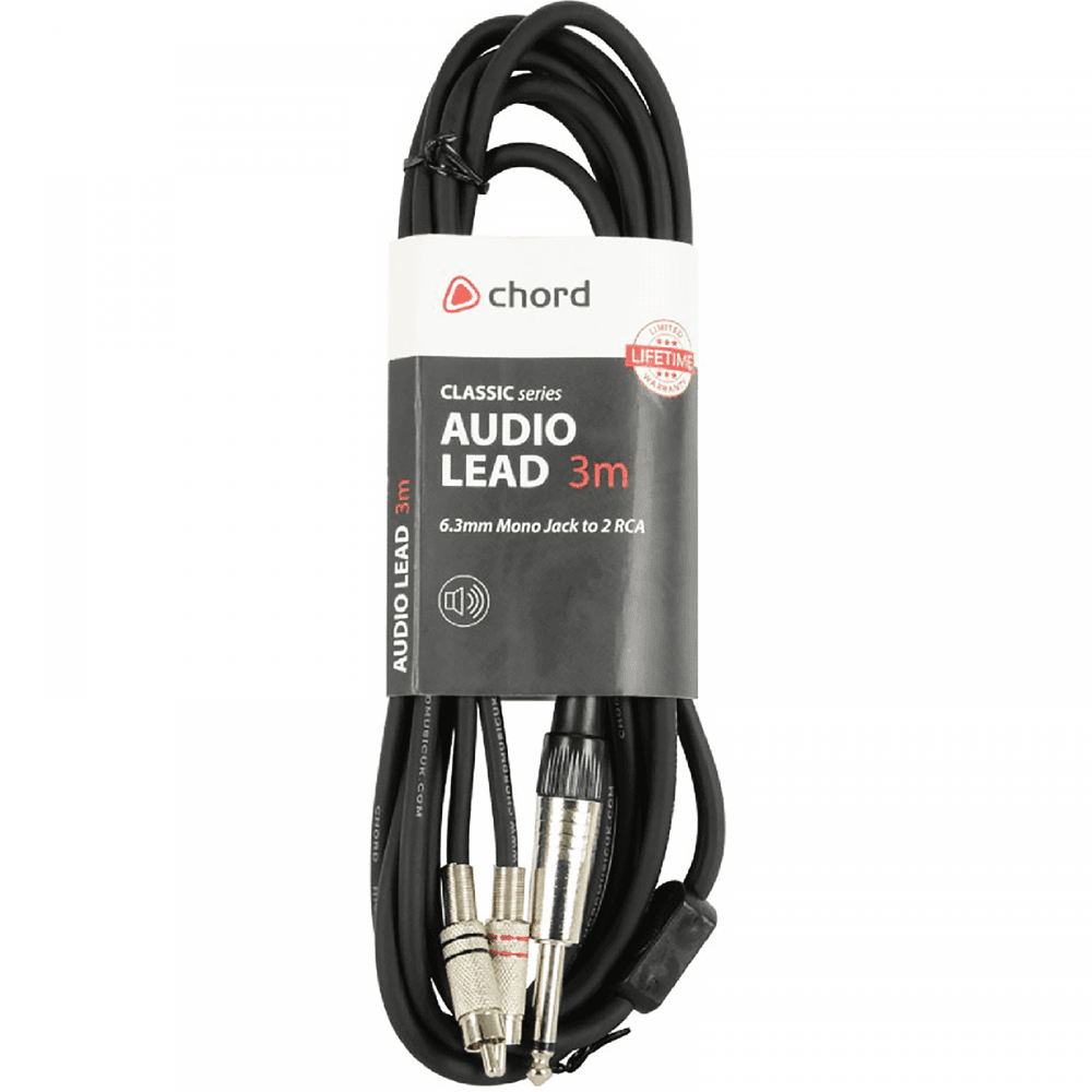Classic Audio Lead 6.3mm Mono Jack - 2 RCA Plugs 3.0m