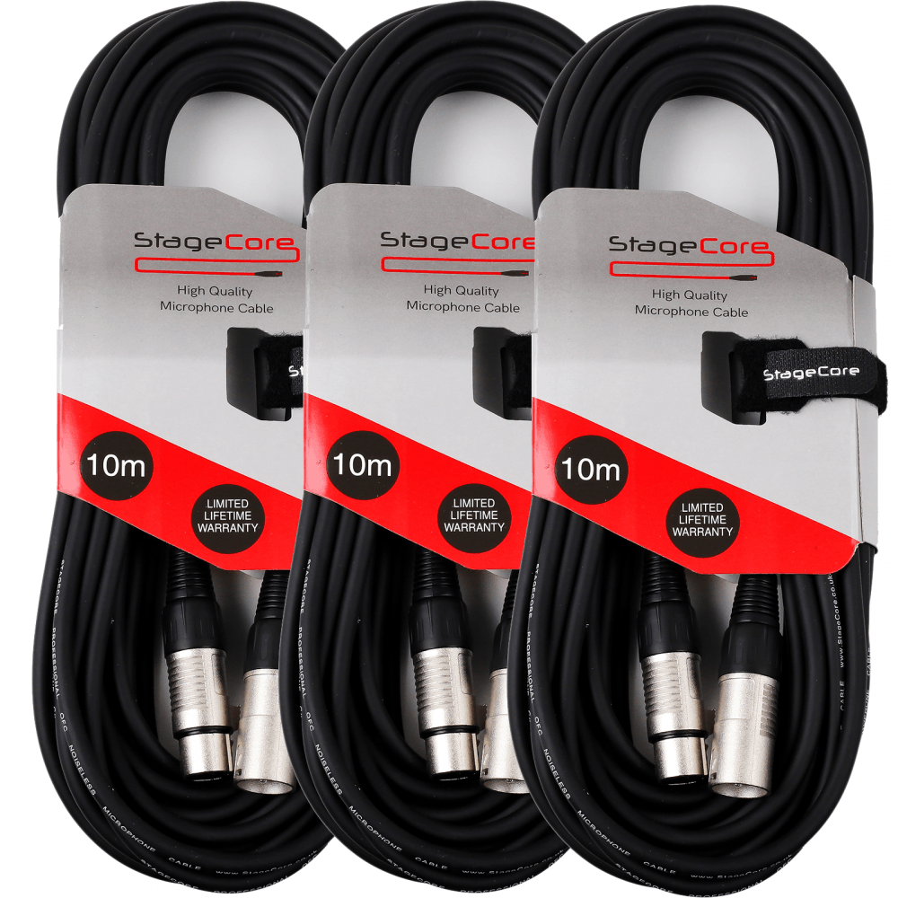 3 x 10M XLR Male to Female Microphone Lead & Audio Signal Cable Balanced Colour