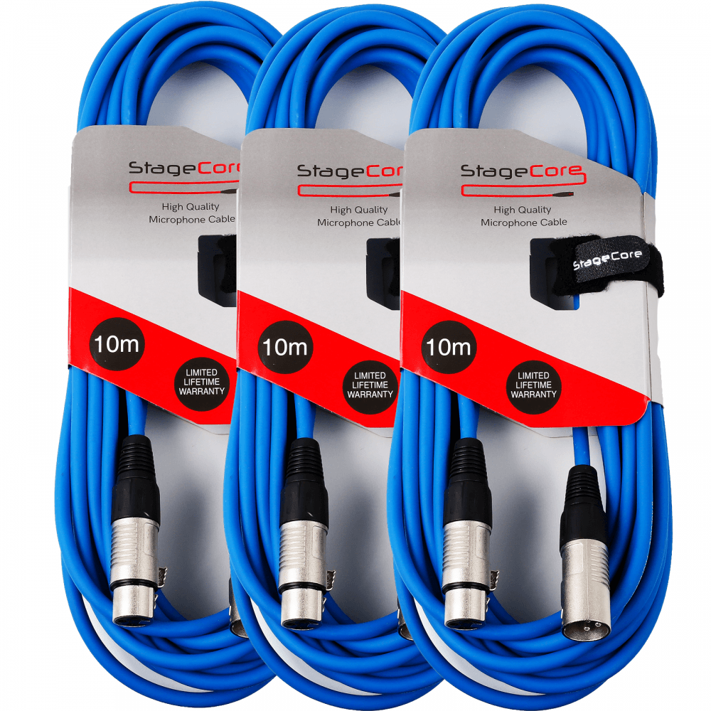3 x 10M XLR Male to Female Microphone Lead & Audio Signal Cable Balanced Colour