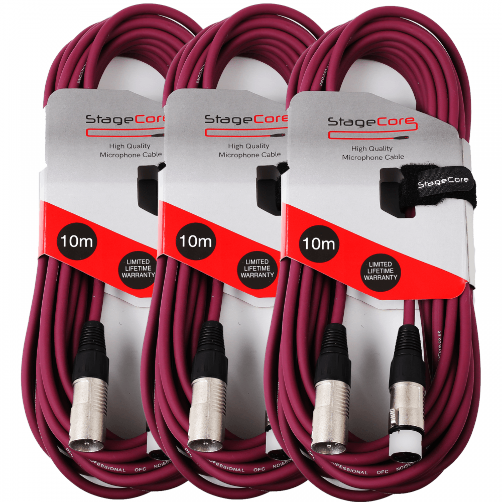 3 x 10M XLR Male to Female Microphone Lead & Audio Signal Cable Balanced Colour