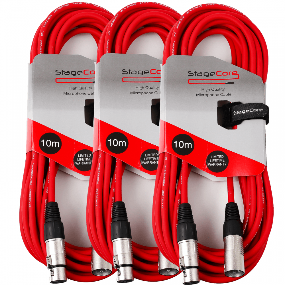 3 x 10M XLR Male to Female Microphone Lead & Audio Signal Cable Balanced Colour
