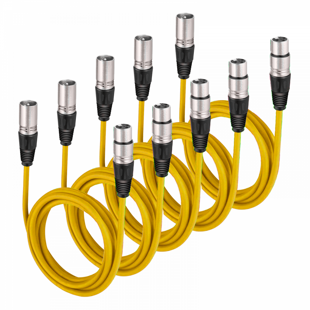 Pack of 5 Yellow 3 Pin XLR Line Female Socket to Male Plug Patch Lead 1M