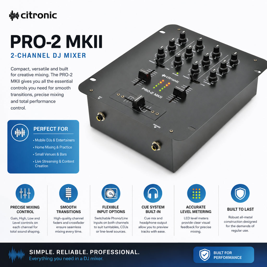 PRO2 MKII Compact Scratch 2 Channel DJ Mixer