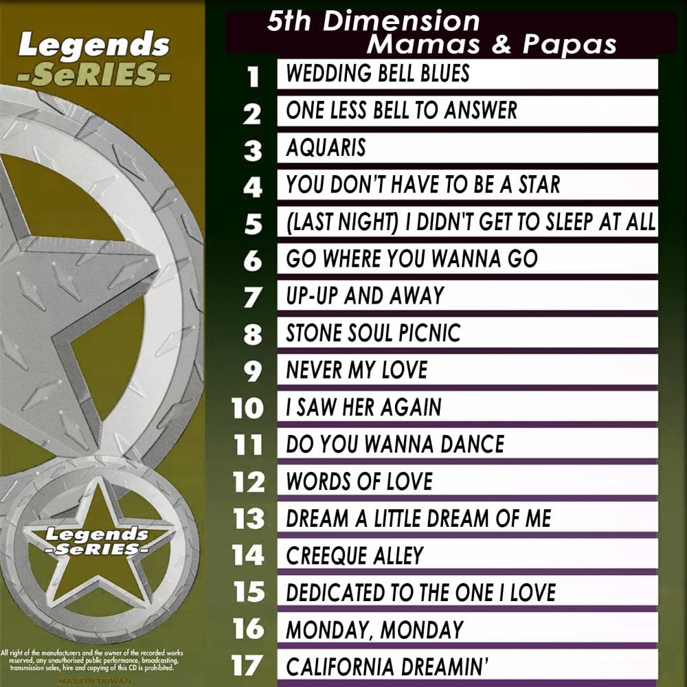 Karaoke CDG CD Legend Series 5th Dimension also Mamas and Papas