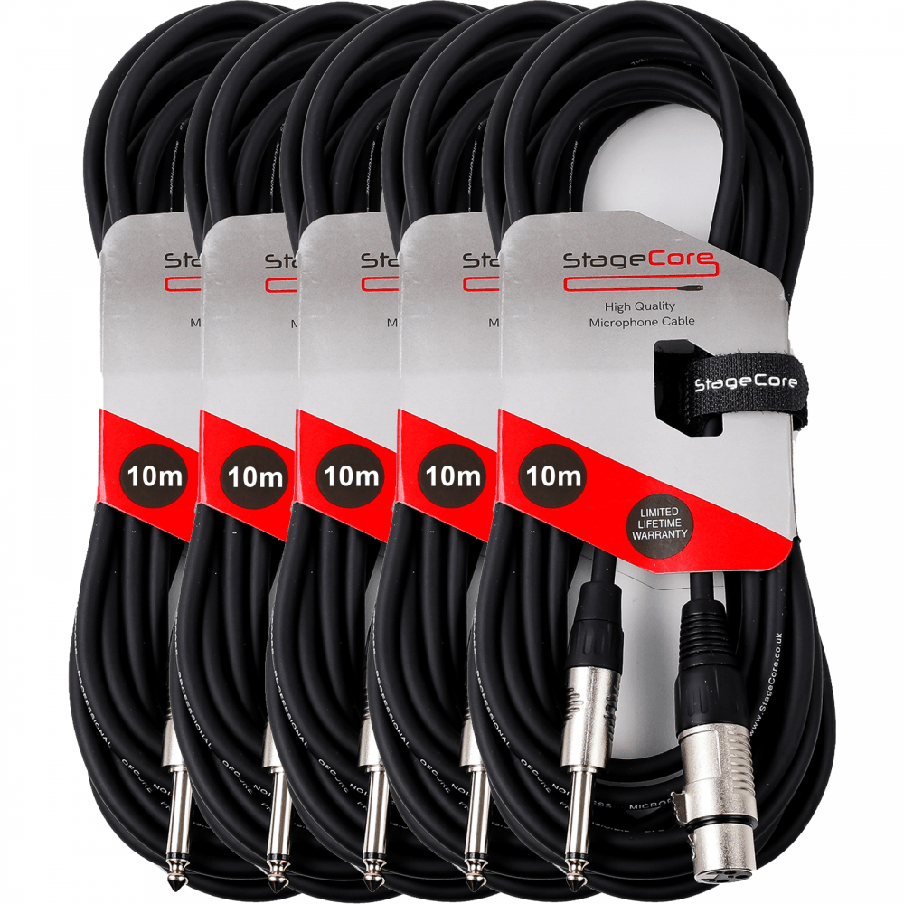 Pack of 5 x 10M XLR Female To 6.35mm Jack Microphone Leads
