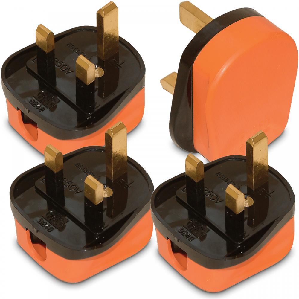 4pc Set of Orange Impact Resisant 3Pin UK Plugs