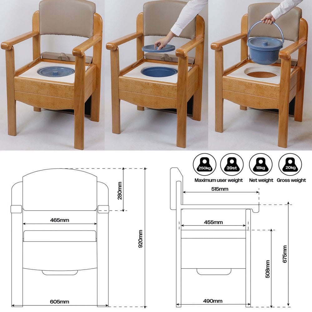 Luxury Wooden Commode Chair Padded Brown Grey Options