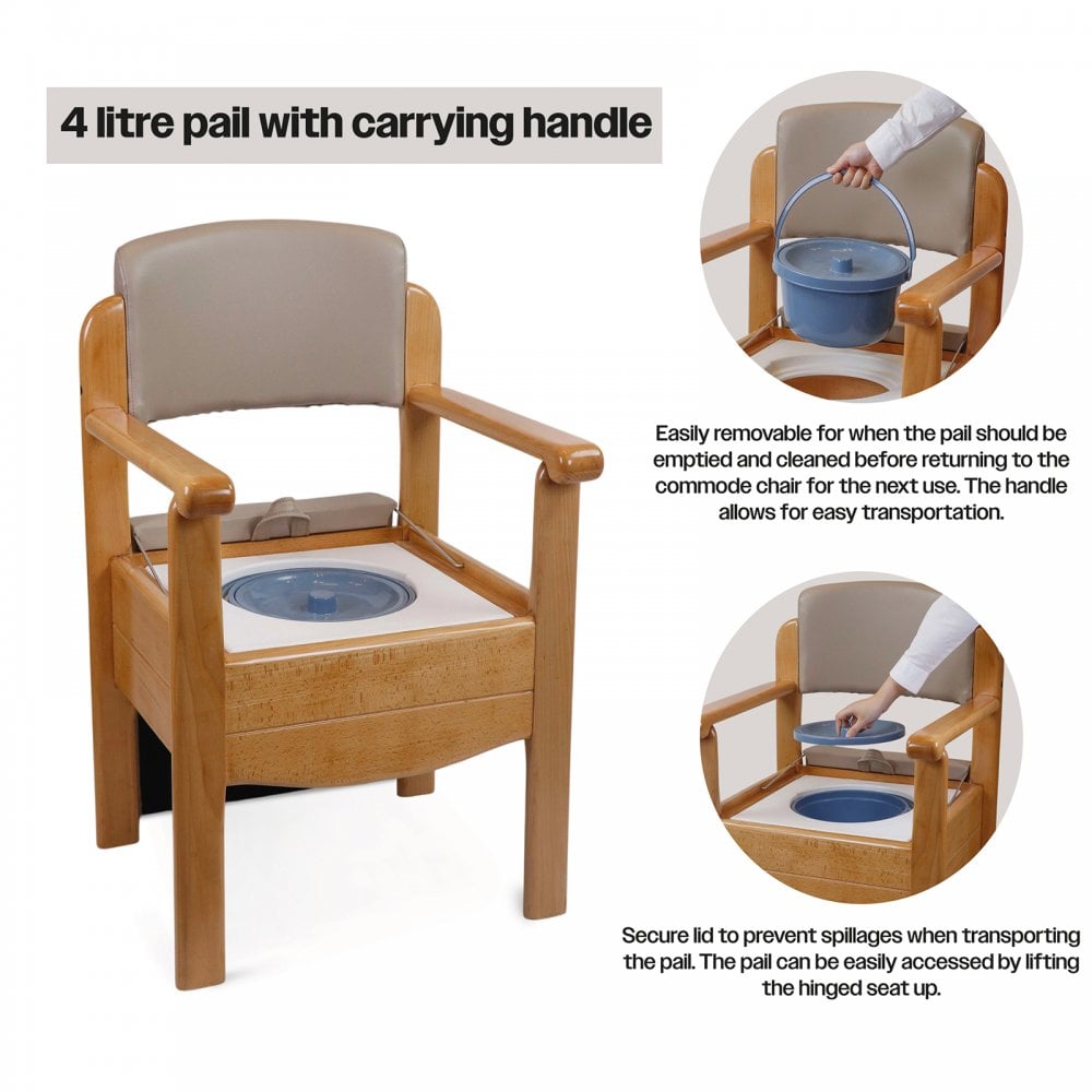Luxury Wooden Commode Chair Padded Brown Grey Options