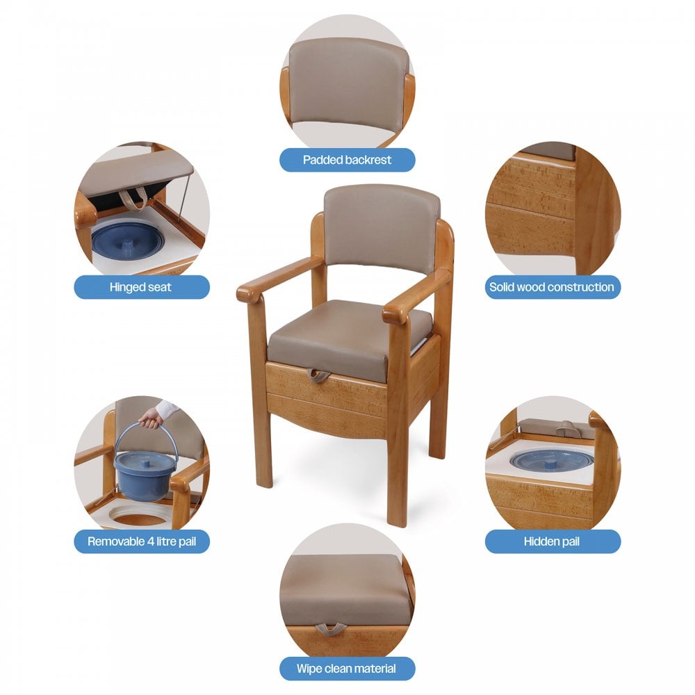 Luxury Wooden Commode Chair Padded Brown Grey Options