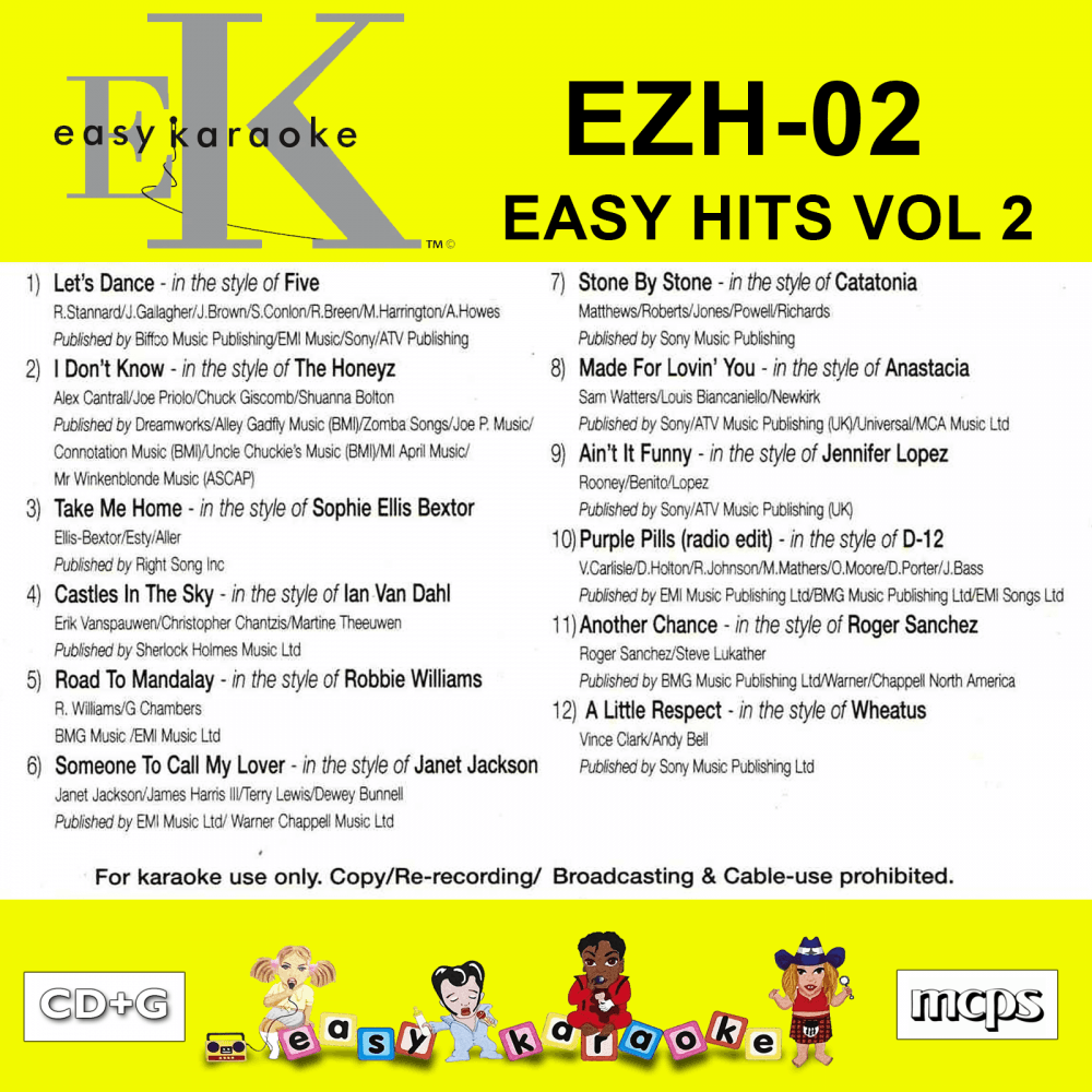 Easy Karaoke Hits Vol 2 CD+G Disc EZH-02 12 Track Disc