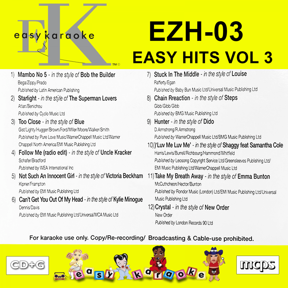 Easy Karaoke Hits Vol 3 CD+G Disc EZH-03 12 Track Disc