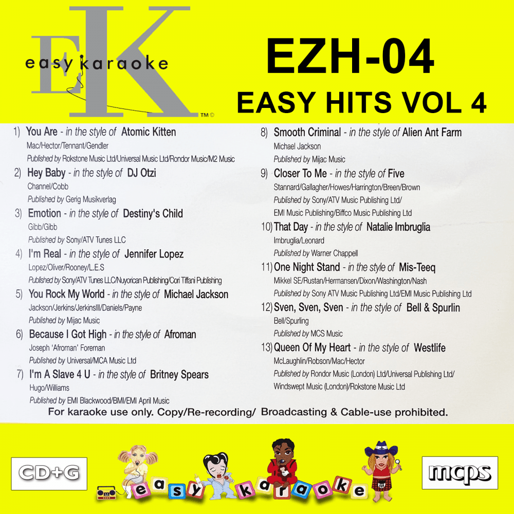 Easy Karaoke Hits Vol 4 CD+G Disc EZH-04 13 Track Disc