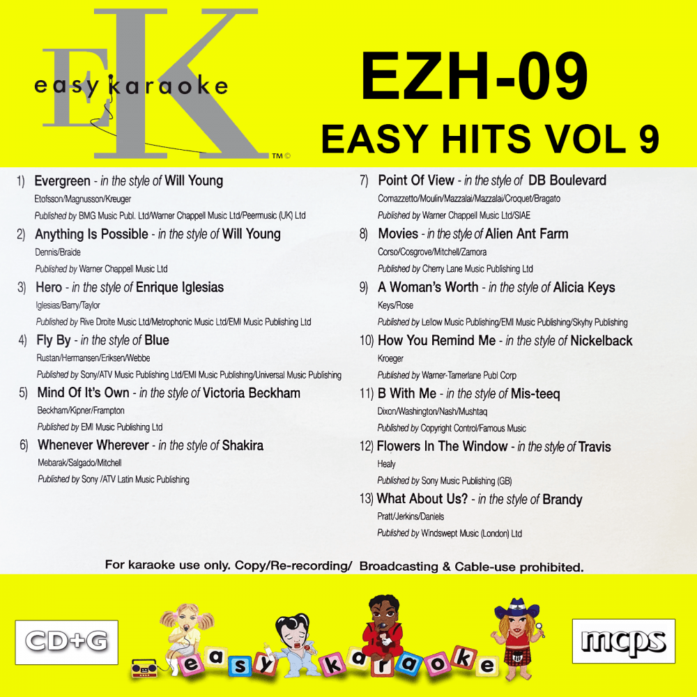 Easy Karaoke Hits Vol 9 CD+G Disc EZH-09 13 Track Disc