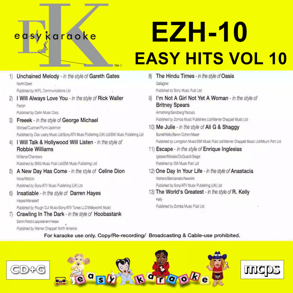 Easy Karaoke Hits Vol 10 CD+G Disc EZH-10 13 Track Disc