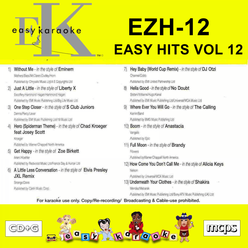Easy Karaoke Hits Vol 12 CD+G Disc EZH-12 13 Track Disc