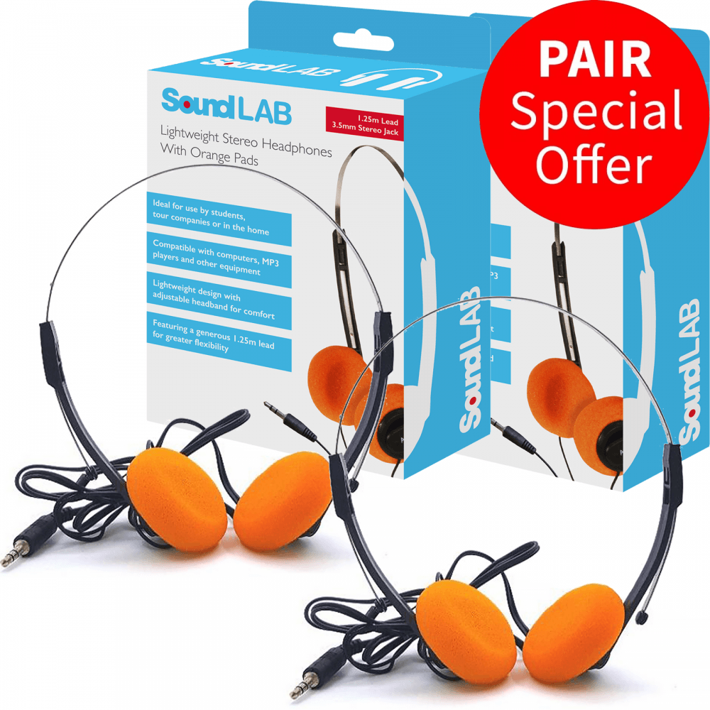 PAIR Lightweight Stereo Orange Pad Headphones for Schools Tour Companies