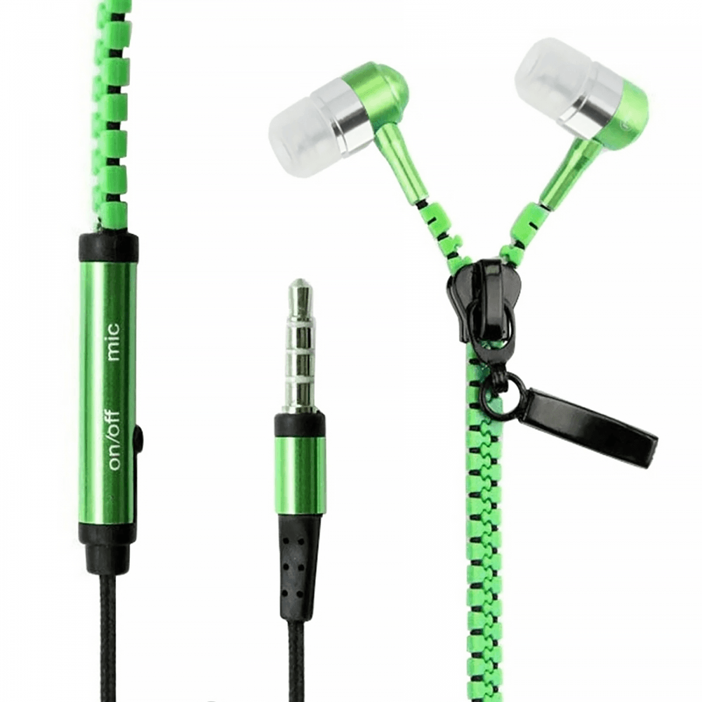 Zipper Design In-Ear Stereo Earphones Green