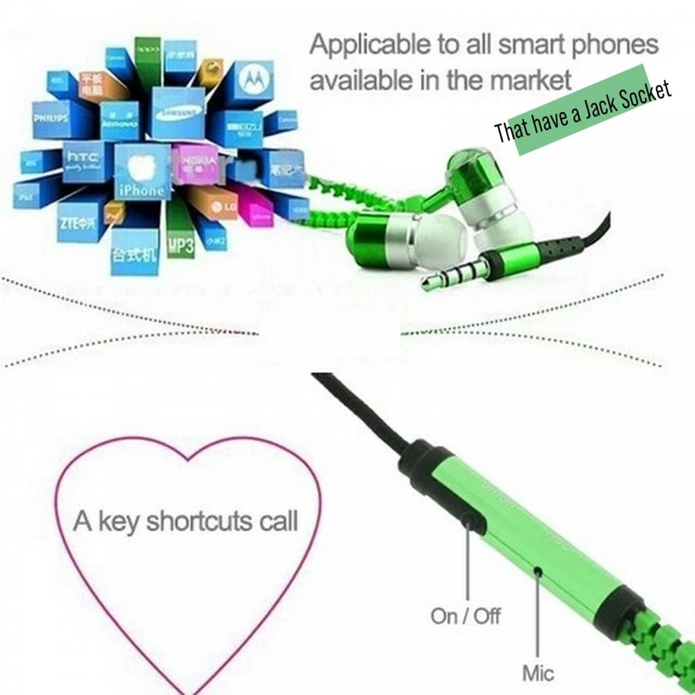 Zipper Design In-Ear Stereo Earphones Green