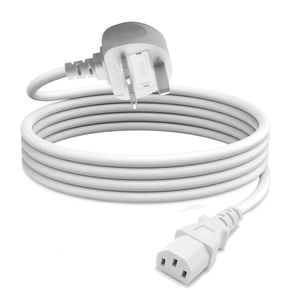 White IEC Lead C13 to UK Mains Plug 1 to 5 Metre Cable