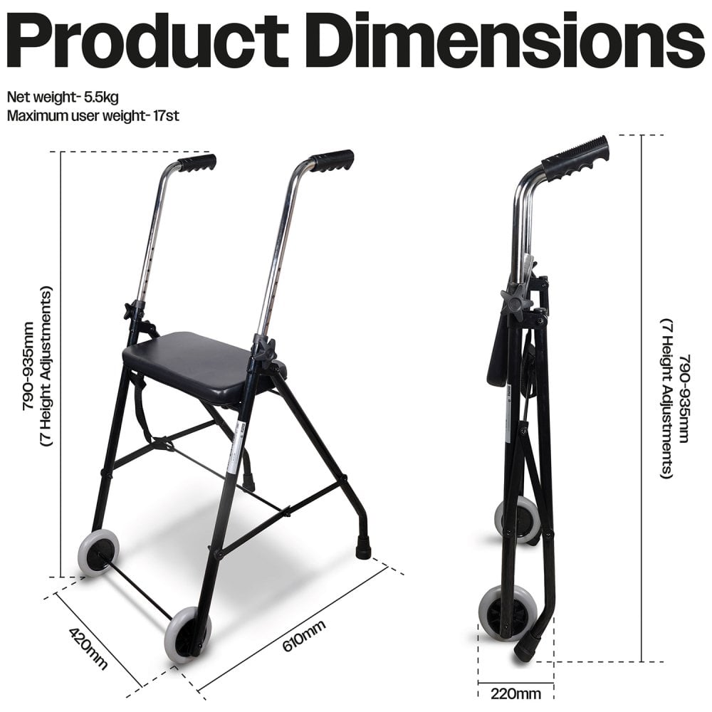 Lightweight Adjustable Walker Frame with Wheels and Seat