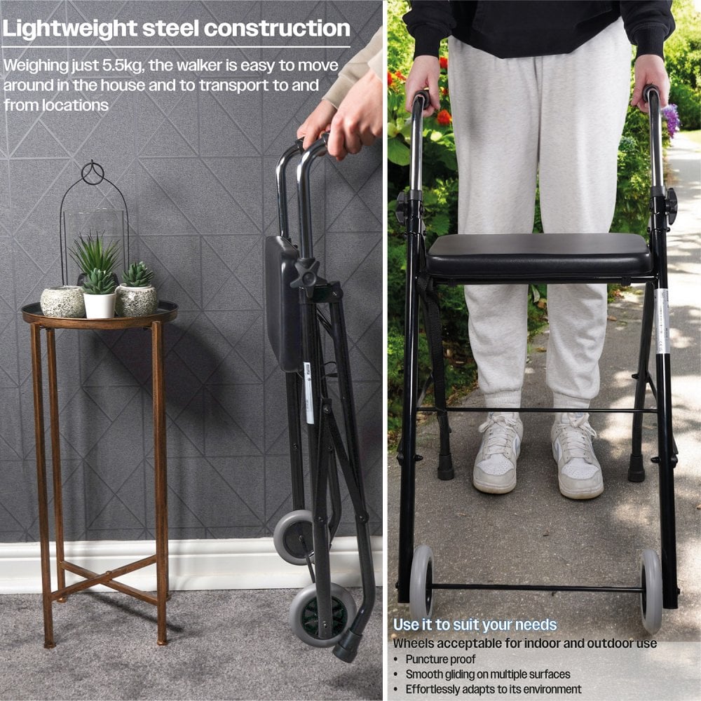 Lightweight Adjustable Walker Frame with Wheels and Seat